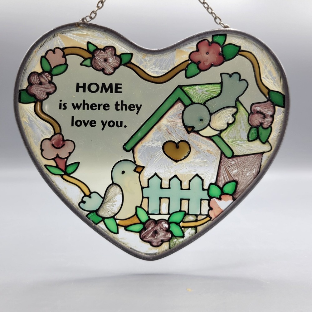 Vintage Heart Shaped Stained Glass Suncatcher With Birds & Flowers